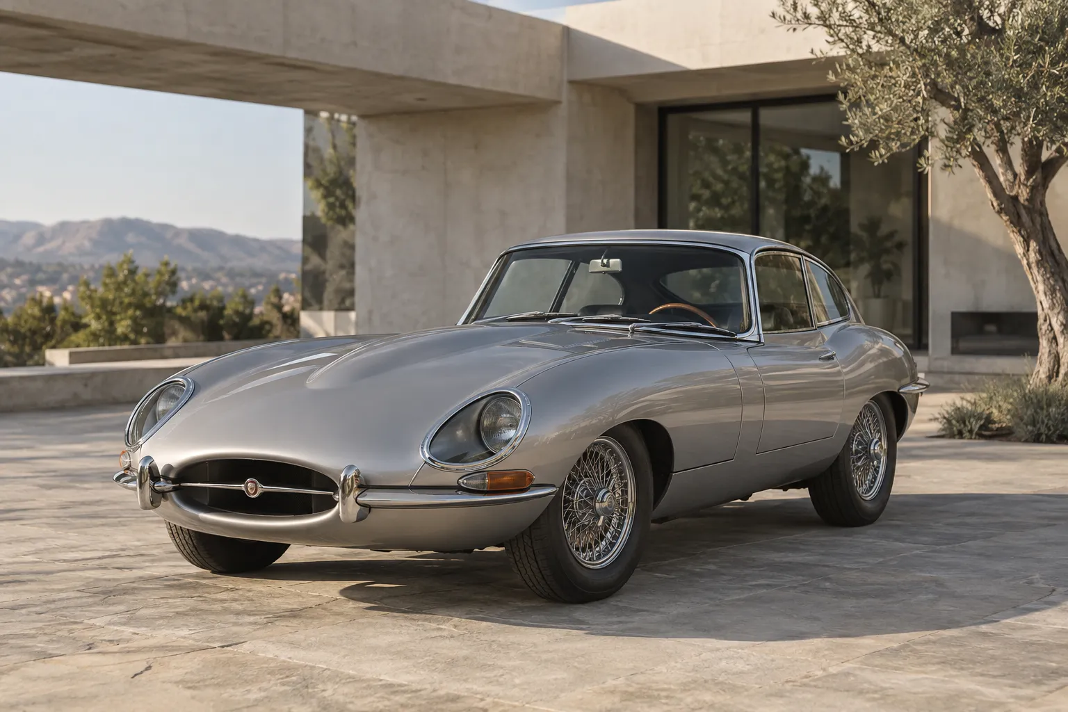 Un estudio de las proporciones. El E-Type Serie 1, en color plata. Ilustración editorial.